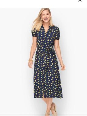 Talbots Navy Lemon-Print Shirt Dress with Tie Waist